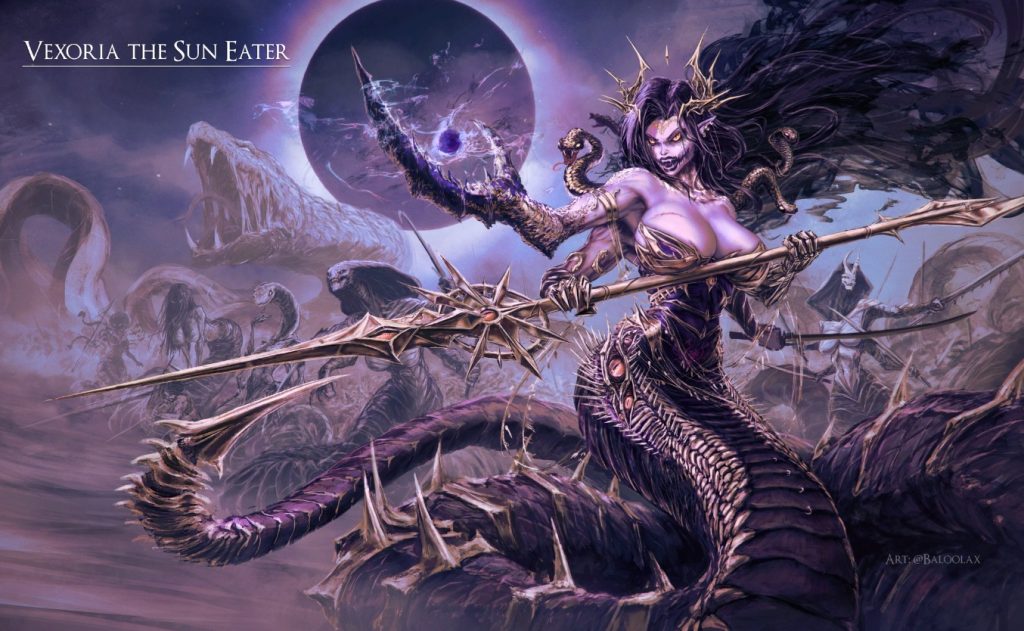 Seductive Vexoria the Sun Eater, Vtuber as a Slaanesh Daemon Princess Warhammer 40k Artwork